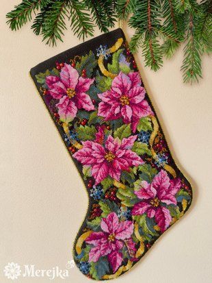 Набір для вишивання хрестом Merejka "Pink Poinsettia Christmas Stocking" ( art.К-262) K-262 Merejka фото